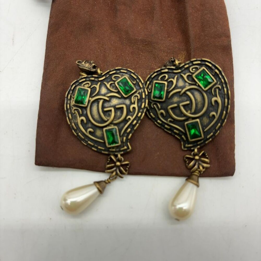 Gucci Vintage Heart Drop Earrings with Green Stone and Pearl Accents